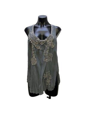 Johnny Was Lace-Trimmed Gray Tank Top With Floral Crochet Details M
